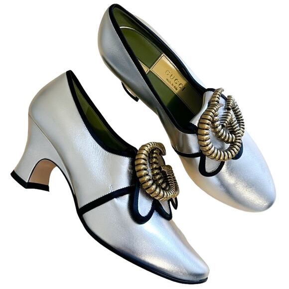 Gucci Bloom Marmont Silver GG Logo Heeled Loafers 40 - Picture 13 of 13